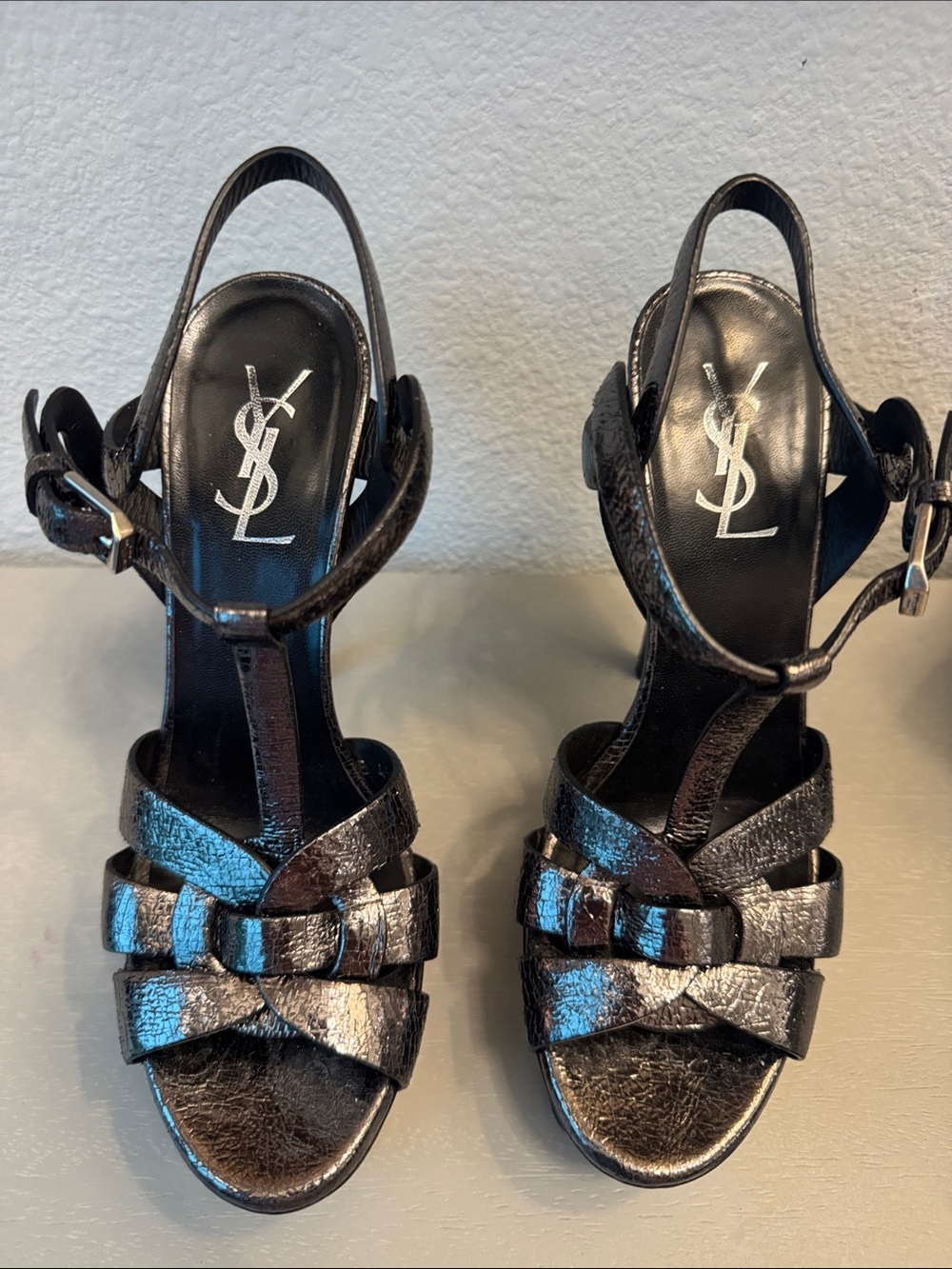 Saint Laurent YSL Tribute Metallica Silver Platform heels